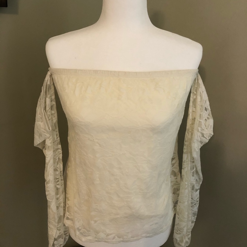 Cream lace cold shoulder shirt